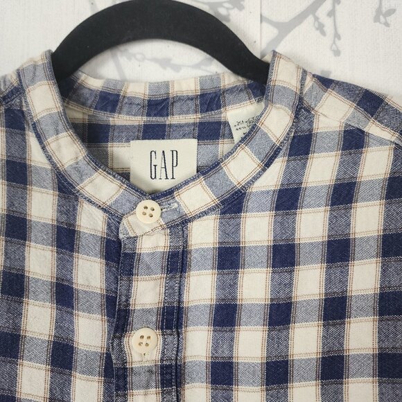 GAP Navy Checks 55% Ramie Blend Button Front Band Collar Shirt - Picture 2 of 5
